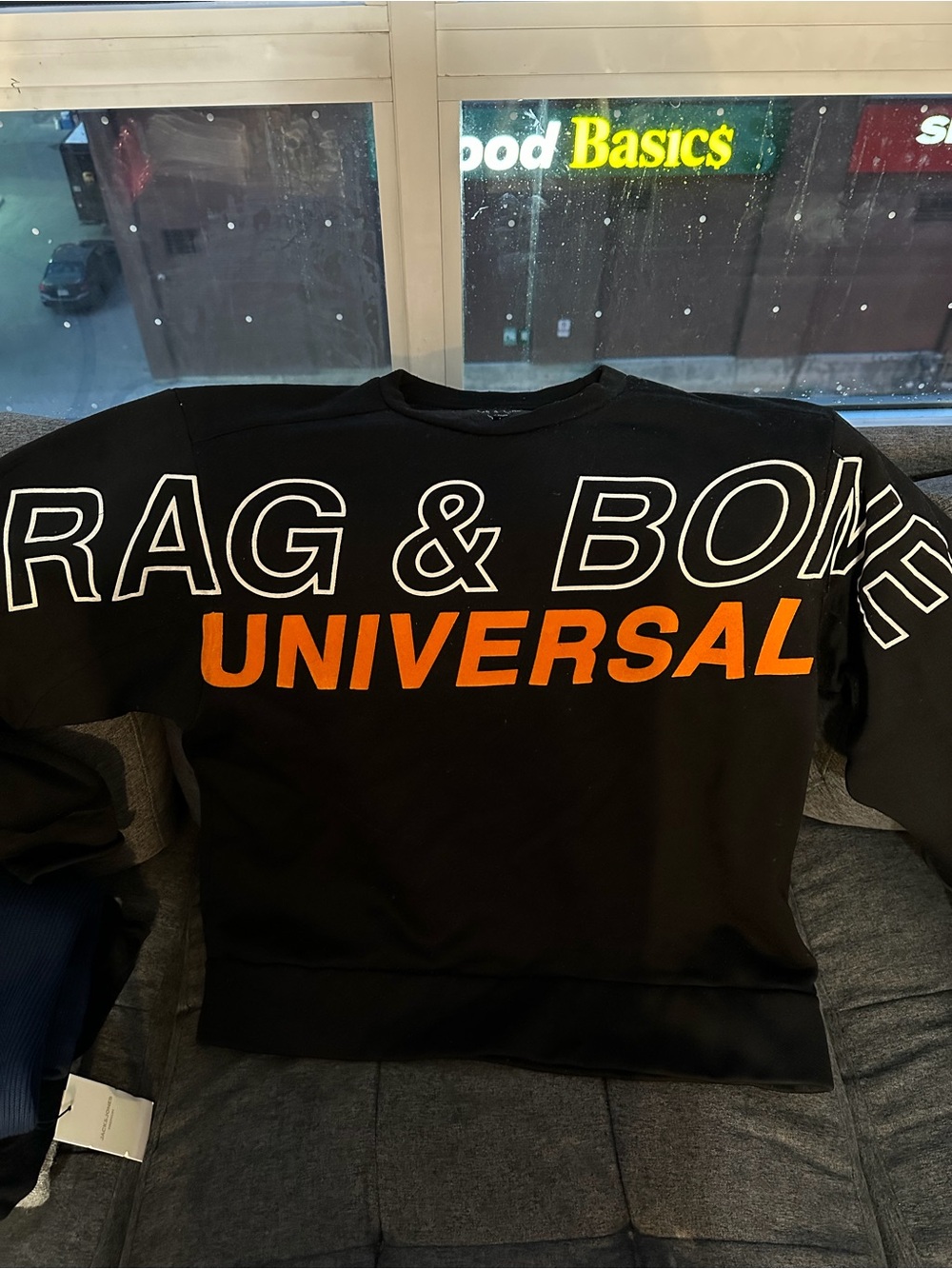 rag & bone Black Crewneck Sweatshirt with Orange UNIVERSAL Text
